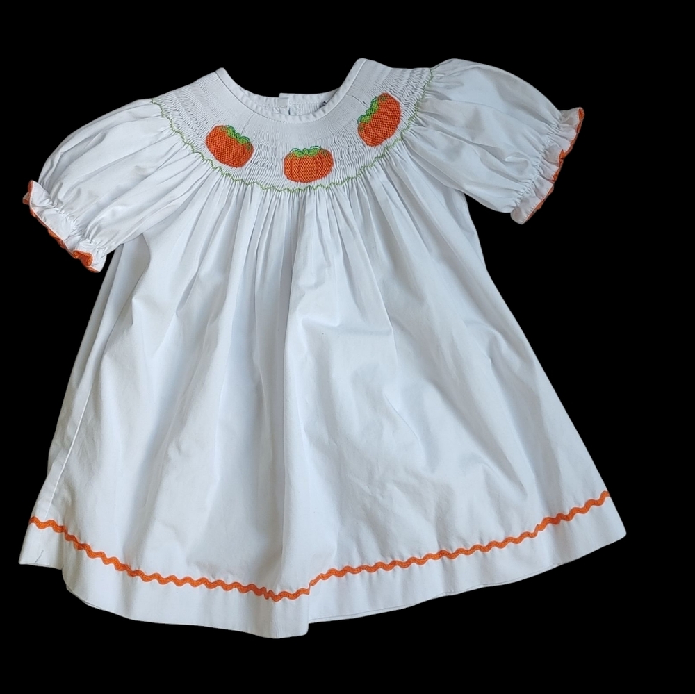 Smocked Auction Bishop Pumpkin Harvest Smocked Dress